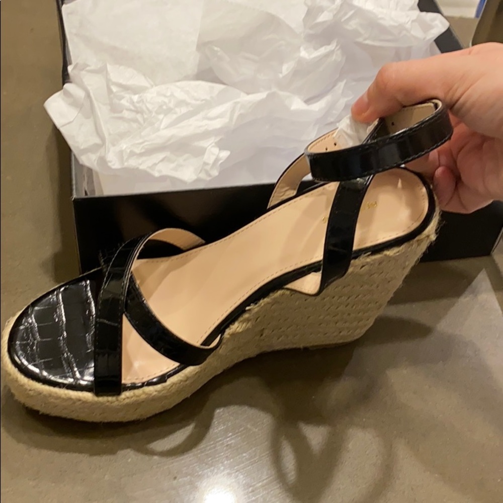 Brand new black cross strap espadrille wedge